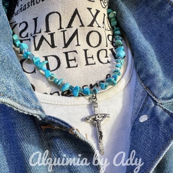 Big statement silver cross and turquoise neclace - Picture 2 of 2